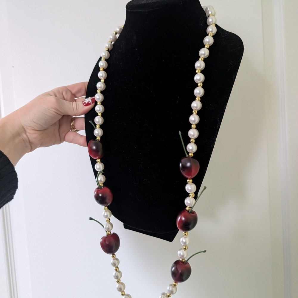 Faux Pearl and Red Cherry Bead Necklace - Picture 8 of 9